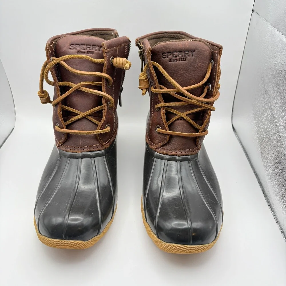 Sperry Women 8 Saltwater Duck Boots Brown Black Leather Rubber Waterproof Ankle